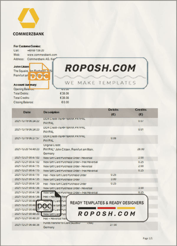 Germany Commerzbank bank statement template in Word and PDF format