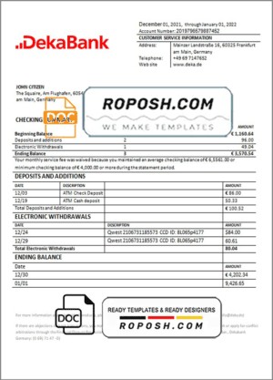 Germany Dekabank bank statement template in Word and PDF format