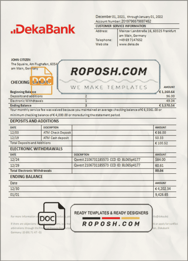 Germany Dekabank bank statement template in Word and PDF format
