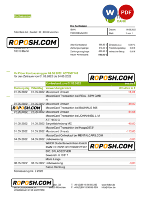 Germany Fidor bank statement, Word and PDF template