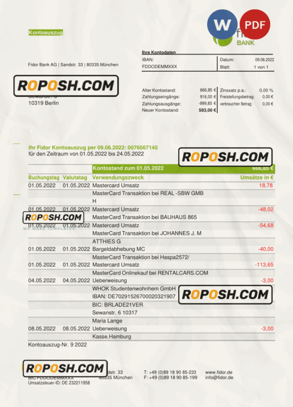 Germany Fidor bank statement, Word and PDF template