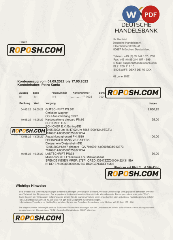 Germany Handelsbank bank statement, Word and PDF template