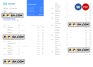 Germany Monese bank statement, Word and PDF template, 3 pages