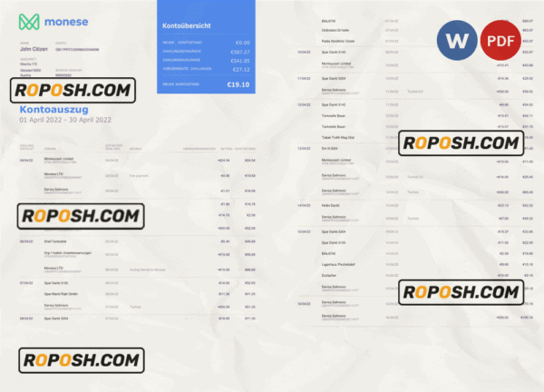 Germany Monese bank statement, Word and PDF template, 3 pages