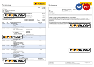 Germany Postbank bank statement, Word and PDF template, 2 pages
