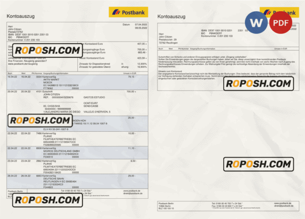 Germany Postbank bank statement, Word and PDF template, 2 pages