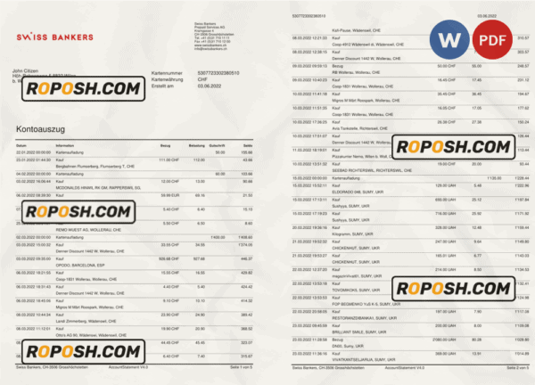 Germany Swiss Bank statement template in Word and PDF format in German language, 5 pages