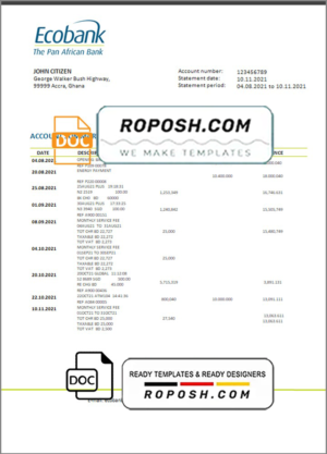Ghana Ecobank proof of address bank statement template in Word and PDF format