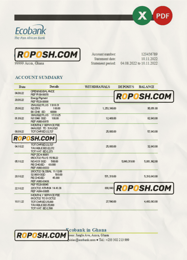 Ghana Ecobank bank statement Excel and PDF template