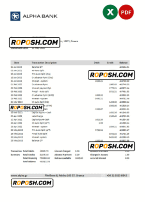 Greece Alpha Bank statement Excel and PDF template