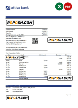 Greece Attica bank statement Excel and PDF template