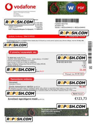 Greece Vodafone Greece utility bill Word and PDF template