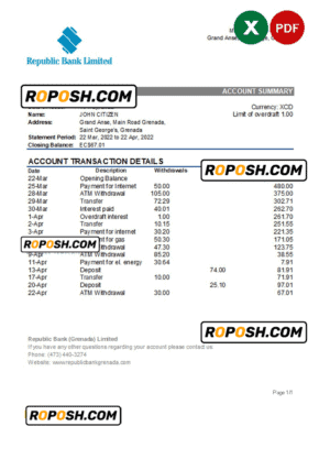 Grenada Republic bank statement Excel and PDF template