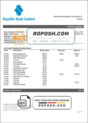 Grenada Republic bank statement template in Word and PDF format