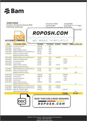 Guatemala Agromercantil proof of address bank statement template in Word and PDF format (.doc and .pdf)