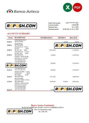 Guatemala Azteca bank statement Excel and PDF template