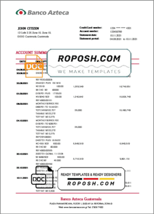 Guatemala Azteca proof of address bank statement template in Word and PDF format (.doc and
