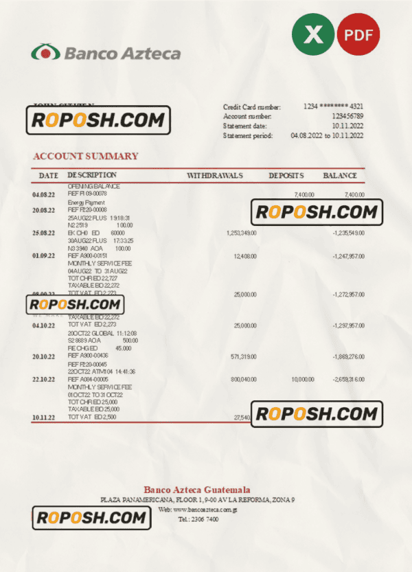 Guatemala Azteca bank statement Excel and PDF template