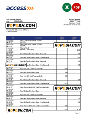 Guinea Access bank statement Excel and PDF template