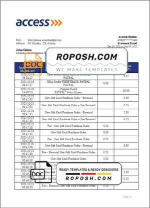 Guinea Access proof of address bank statement template in Word and PDF format