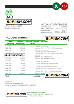 Guinea-Bissau Banco da Africa Ocidental bank statement Excel and PDF template