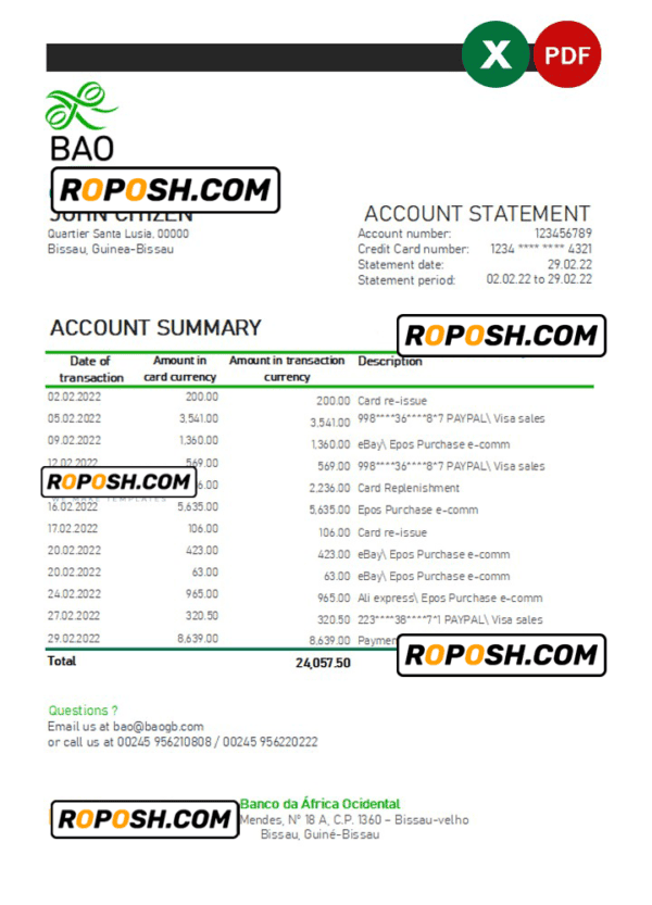 Guinea-Bissau Banco da Africa Ocidental bank statement Excel and PDF template