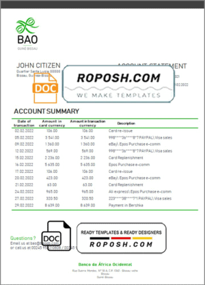 Guinea-Bissau Banco da Africa Ocidental proof of address bank statement template in Word and PDF format