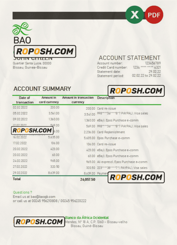 Guinea-Bissau Banco da Africa Ocidental bank statement Excel and PDF template