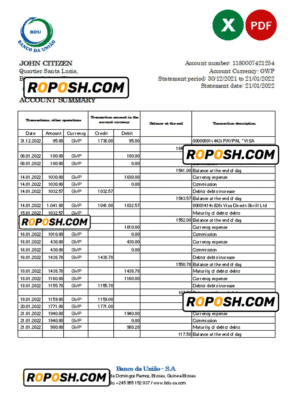 Guinea-Bissau Banco da Uniao bank statement Excel and PDF template