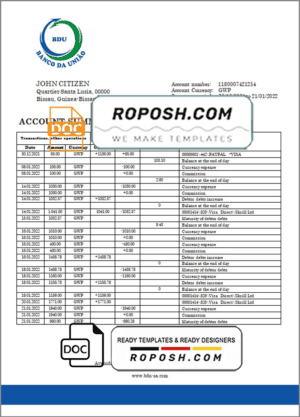 Guinea-Bissau Banco da Uniao proof of address bank statement template in Word and PDF format