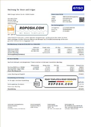 Germany ENSO rechnung für strom und erdgas utility bill template in Word and PDF format