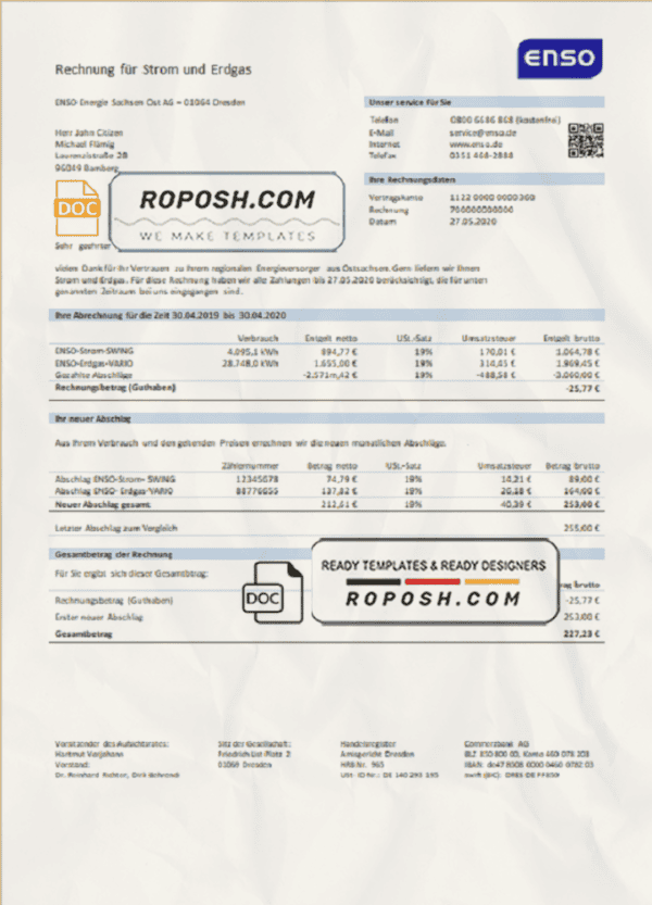 Germany ENSO rechnung für strom und erdgas utility bill template in Word and PDF format