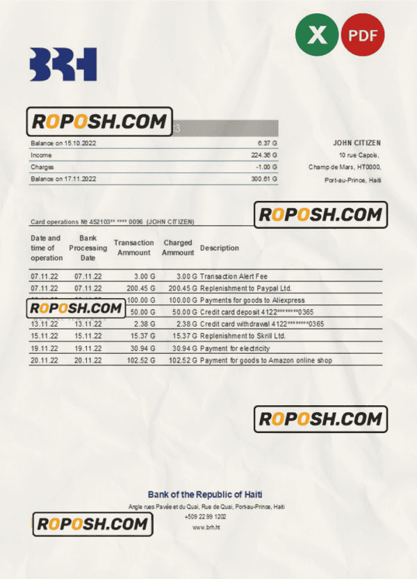 Haiti BRH bank statement template in Excel an PDF format