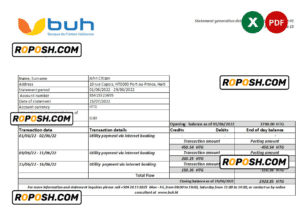 Haiti BUH bank statement Excel and PDF template