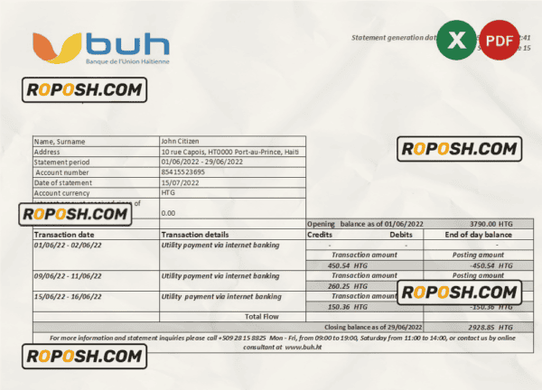 Haiti BUH bank statement Excel and PDF template