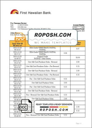 Hawaii First Hawaiian Bank statement bank statement template in Word and PDF format