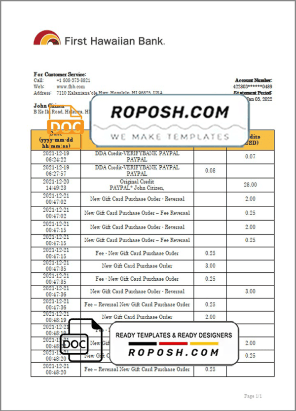 Hawaii First Hawaiian Bank statement bank statement template in Word and PDF format