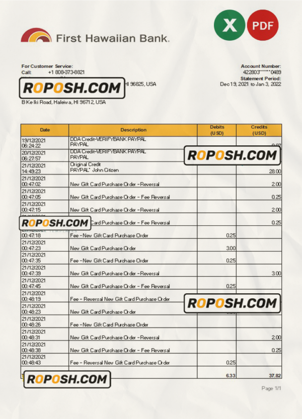 Hawaii First Hawaiian Bank statement Excel and PDF template roposh