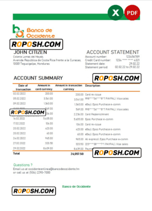Honduras Banco de Occidente statement Excel and PDF template