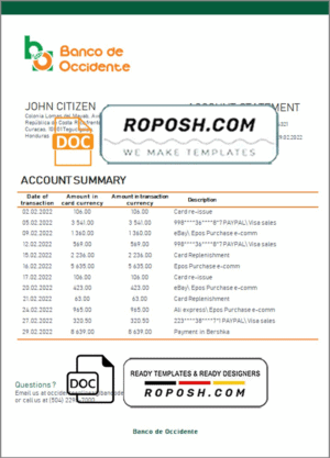 Honduras Banco de Occidente Bank statement template in Word and PDF format