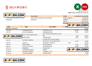 Hong Kong BEA bank statement Excel and PDF template