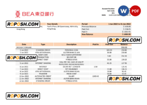 Hong Kong BEA bank statement Word and PDF template