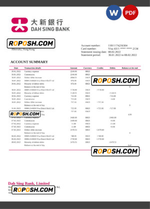 Hong Kong DAH Sing Bank statement Word and PDF template