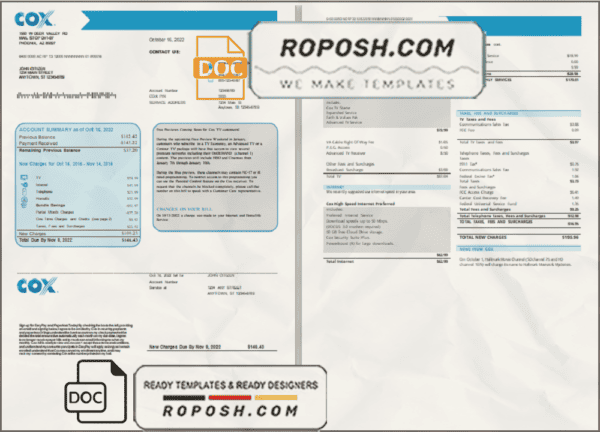 USA COX utility bill template in Word and PDF format