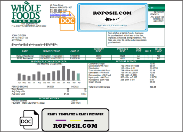 USA Whole Foods Market utility bill template in Word and PDF format