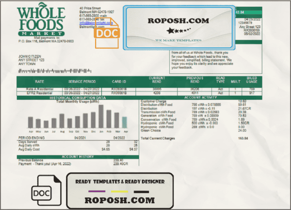 USA Whole Foods Market utility bill template in Word and PDF format