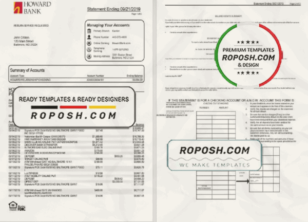 USA Maryland Howard Personal proof of address bank statement template in Word and PDF format (4 pages)