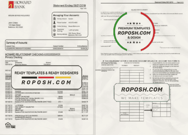 USA Maryland Howard Personal bank statement template, Excel and PDF format (.xls and .pdf) (4 pages)