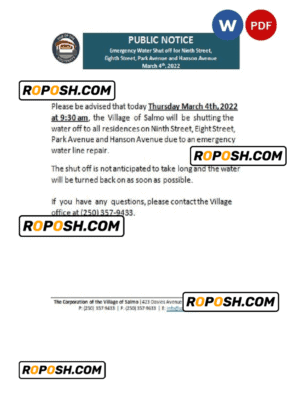 Canada British Columbia Hub of the Salmo Kootenays utility shut off notice, Word and PDF template