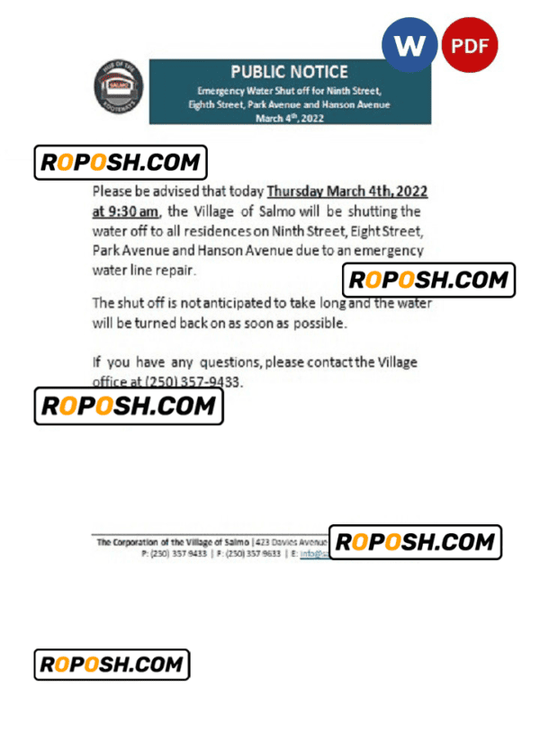 Canada British Columbia Hub of the Salmo Kootenays utility shut off notice, Word and PDF template